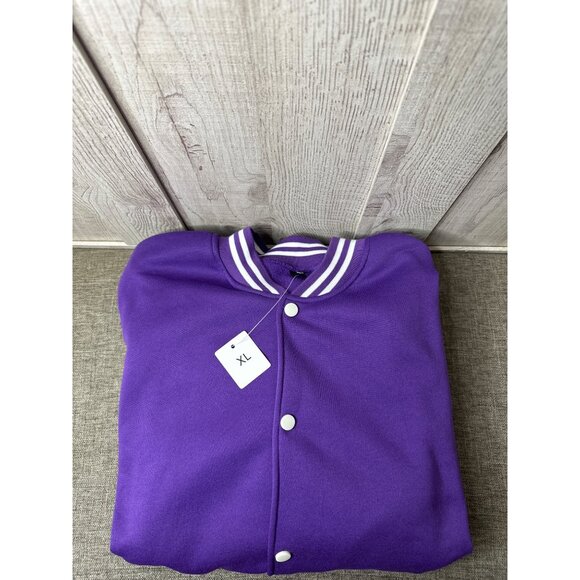 Varsity Jacket Purple White XL Snap Buttons Striped Collar Lightweight Pockets - Picture 3 of 5